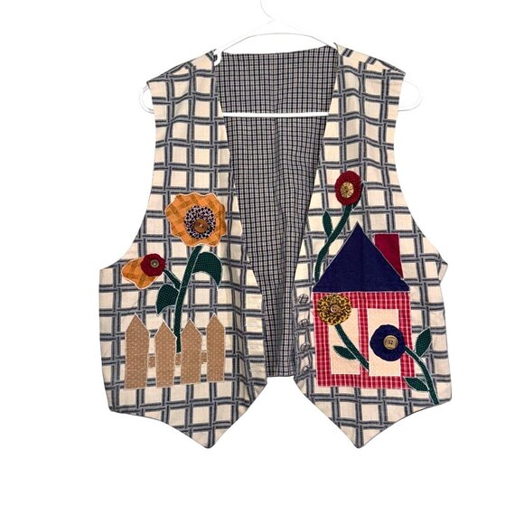 Handmade Quilted Cotton Vest With Appliqué House & Flowers Design Button Closure - Picture 1 of 8